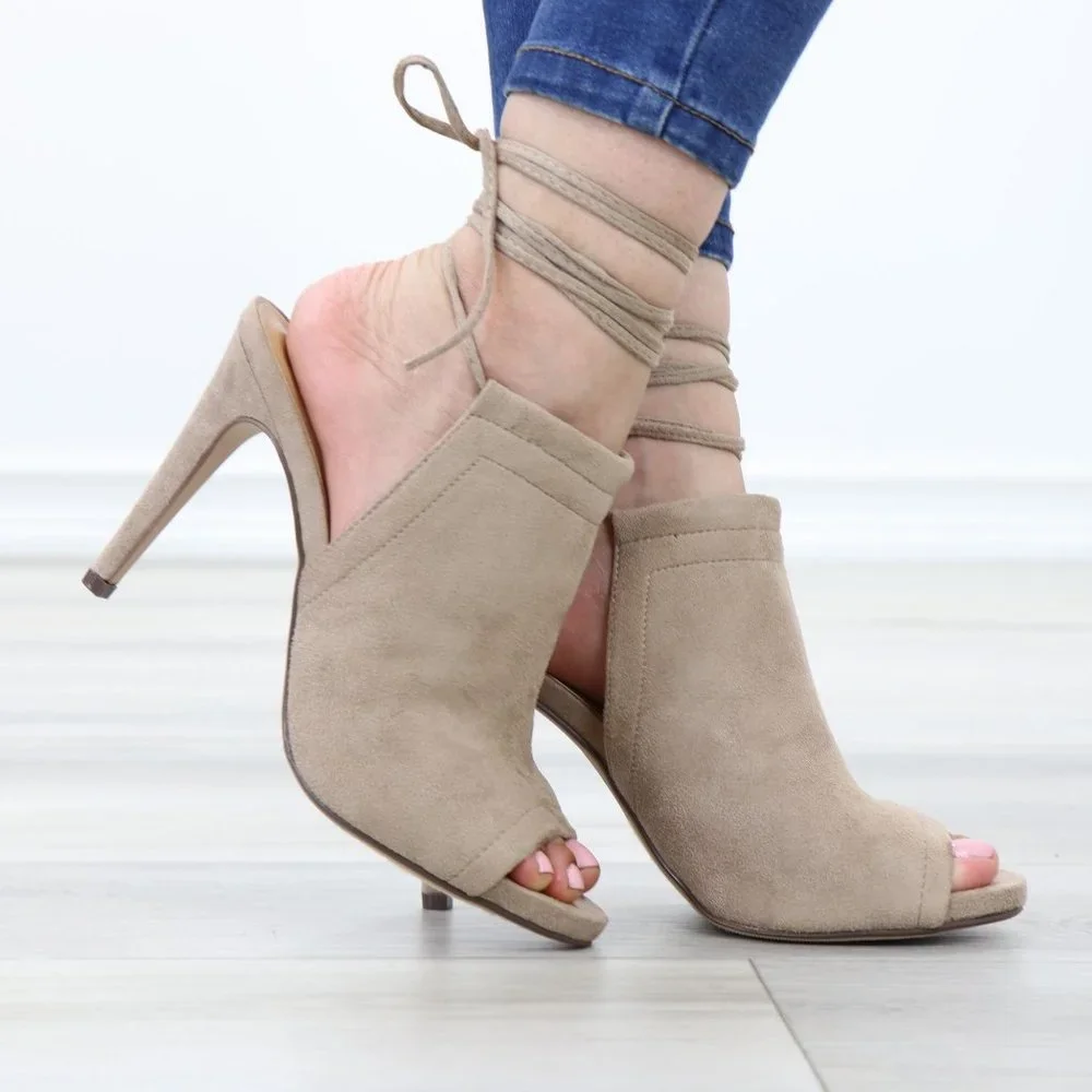 Tan Faux Suede Open Toe Ankle Laces High Heeled Sandals - Picture 12 of 12